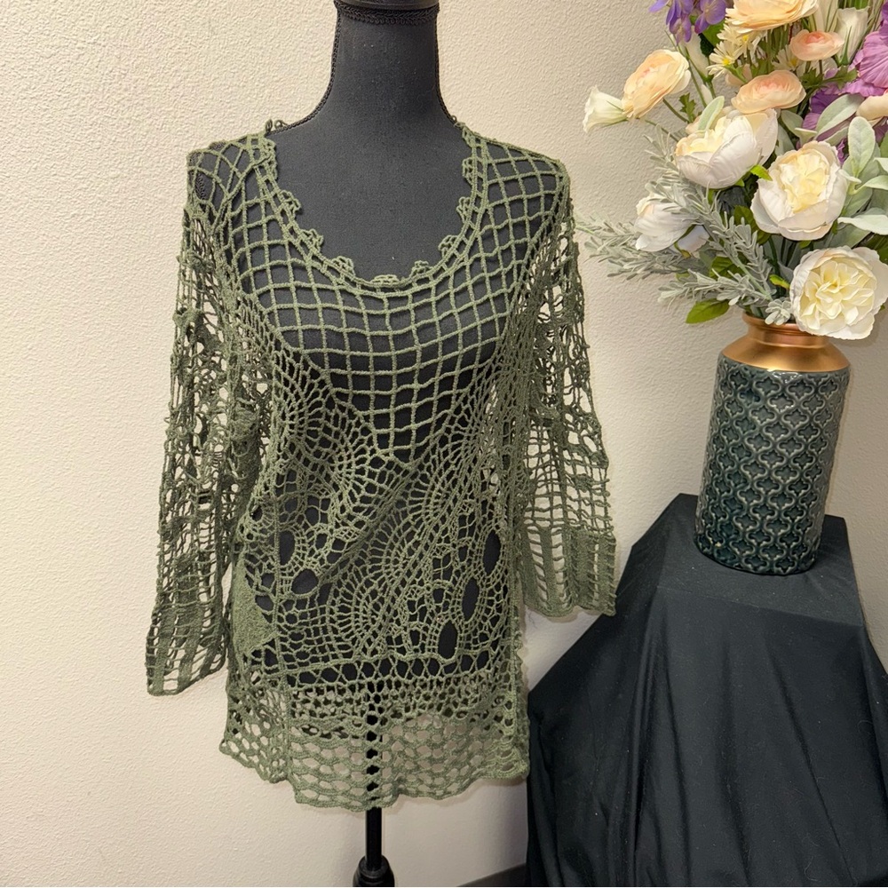 Cato Olive Green Crochet Knit Top Boho Sheer Long Sleeve Festival 14/16W